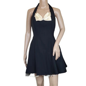 L.A. GLO Vintage 80s 90s Black White Bow Halter Party Prom Dress